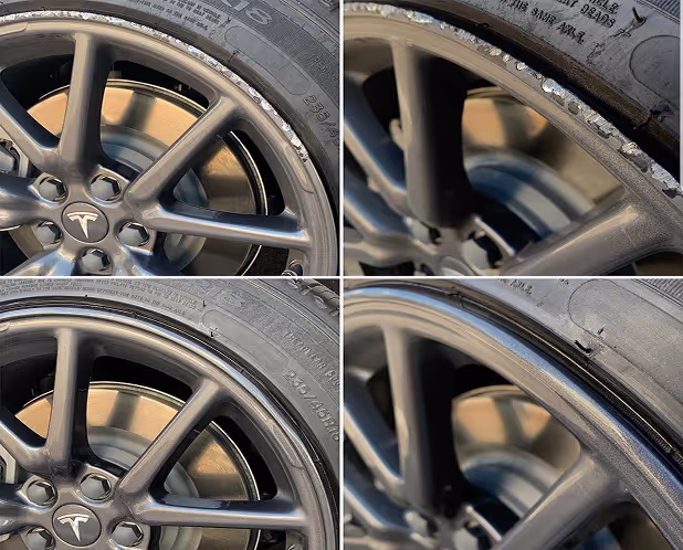 Before-and-after collage of gouge repair on a Tesla alloy wheel, edge restored smooth