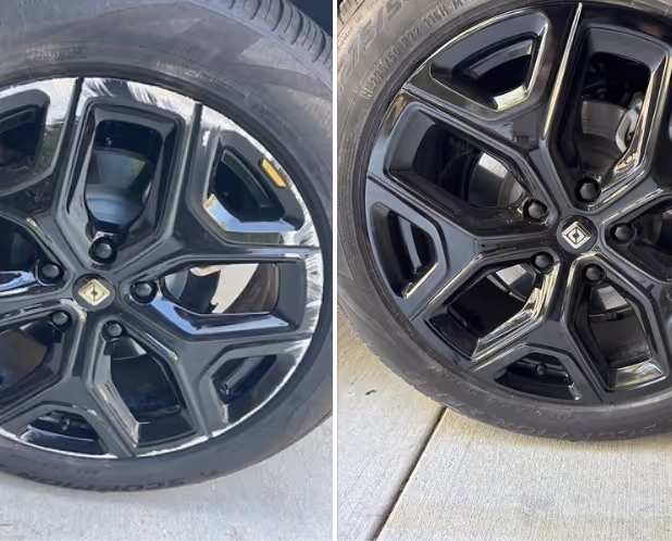Before-and-after of curb rash repaired on a gloss black diamond-cut wheel