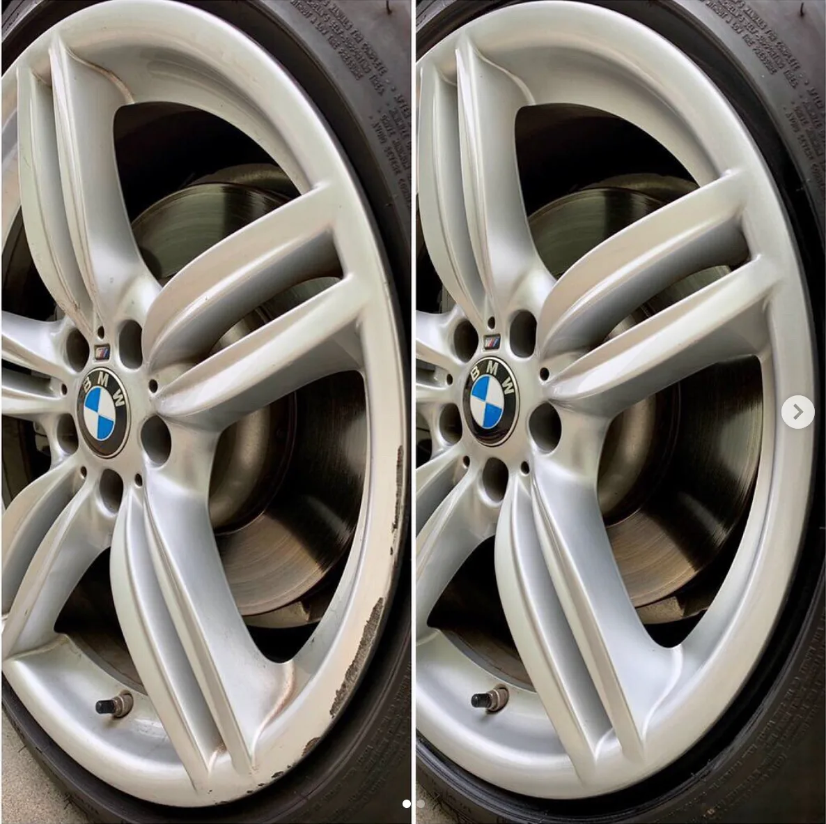 Before-and-after of curb rash repaired on a silver BMW alloy wheel