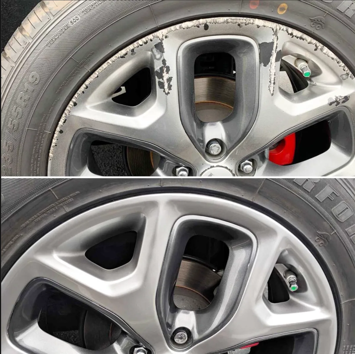 Before-and-after of chipped curb damage repaired on a silver alloy wheel