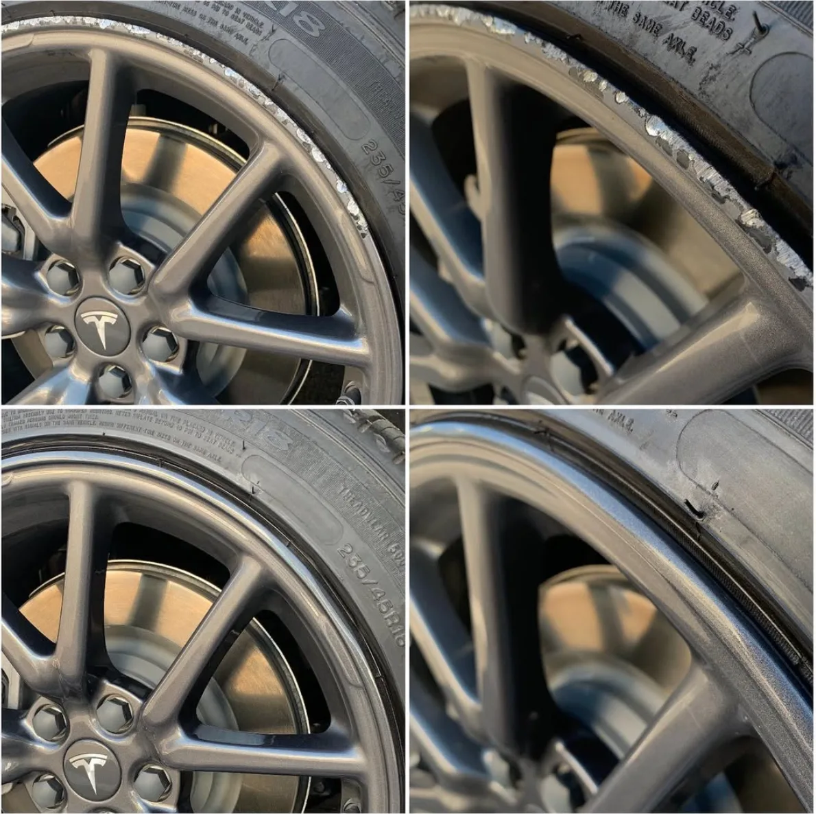 Before-and-after grid of curb rash repair on a Tesla alloy wheel