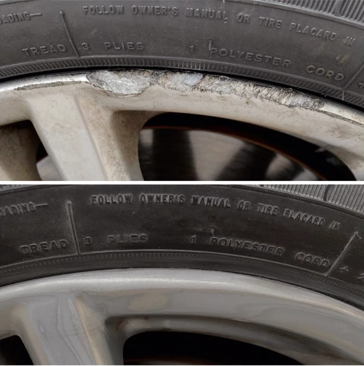 Before-and-after close-up of a deep gouge repaired on a wheel's outer lip