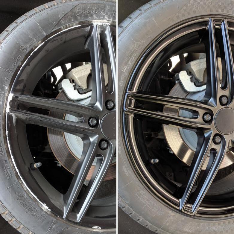 Before-and-after of curb rash repaired on a gloss black alloy wheel