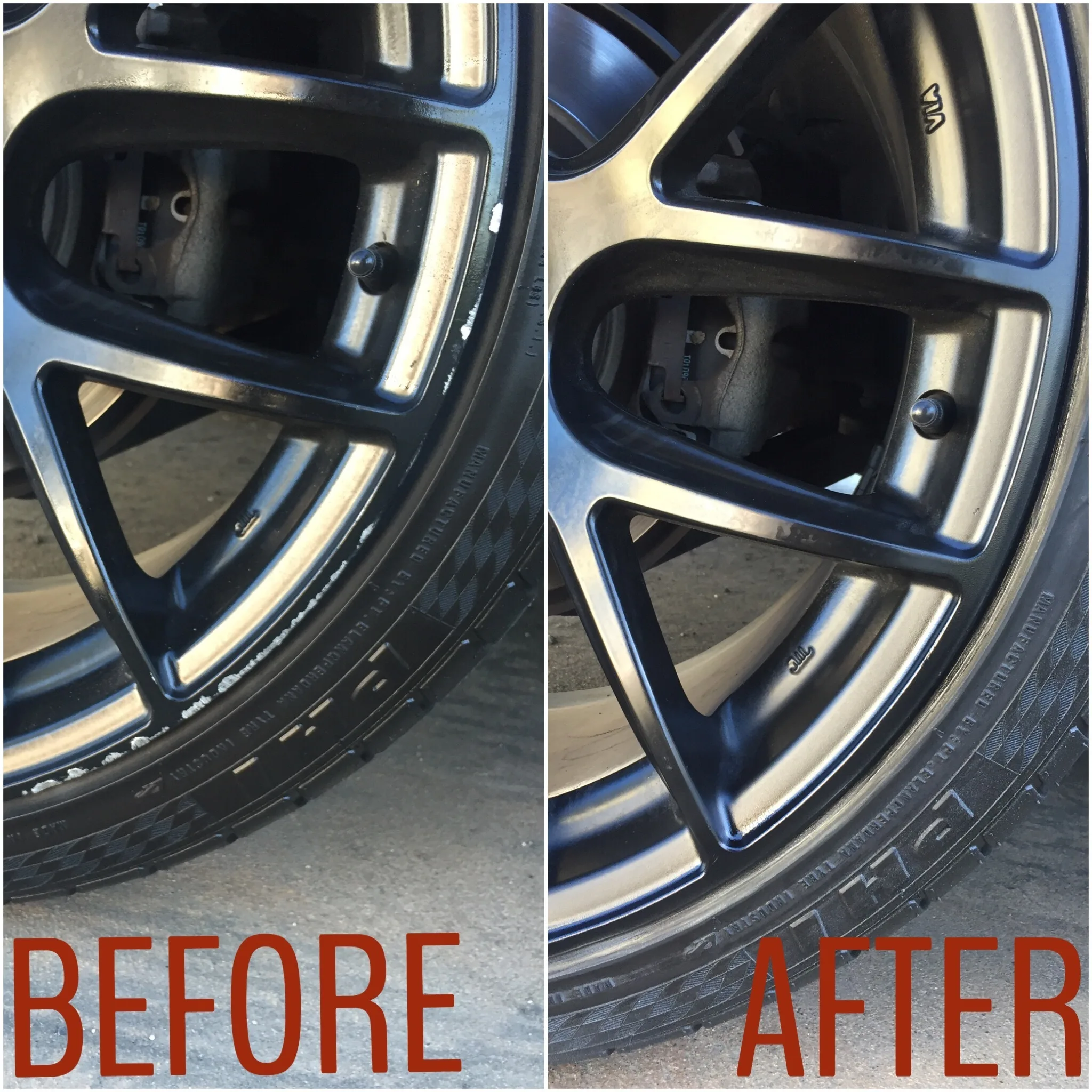 Before-and-after of scuffed paint repaired on a gloss black alloy wheel