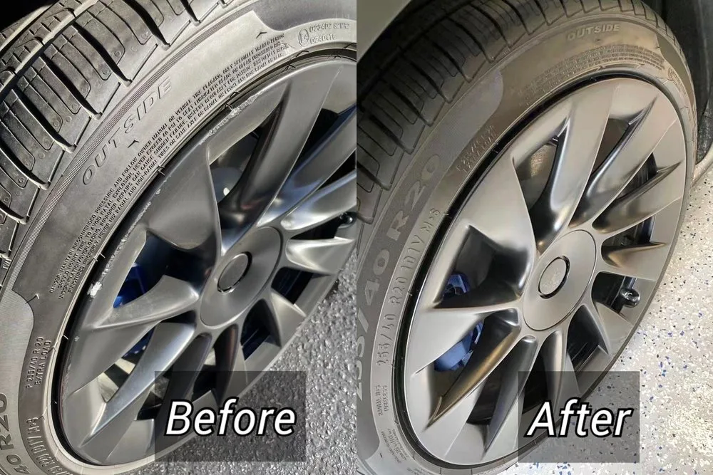 Before-and-after of curb rash repaired on a Tesla wheel with blue brake calipers