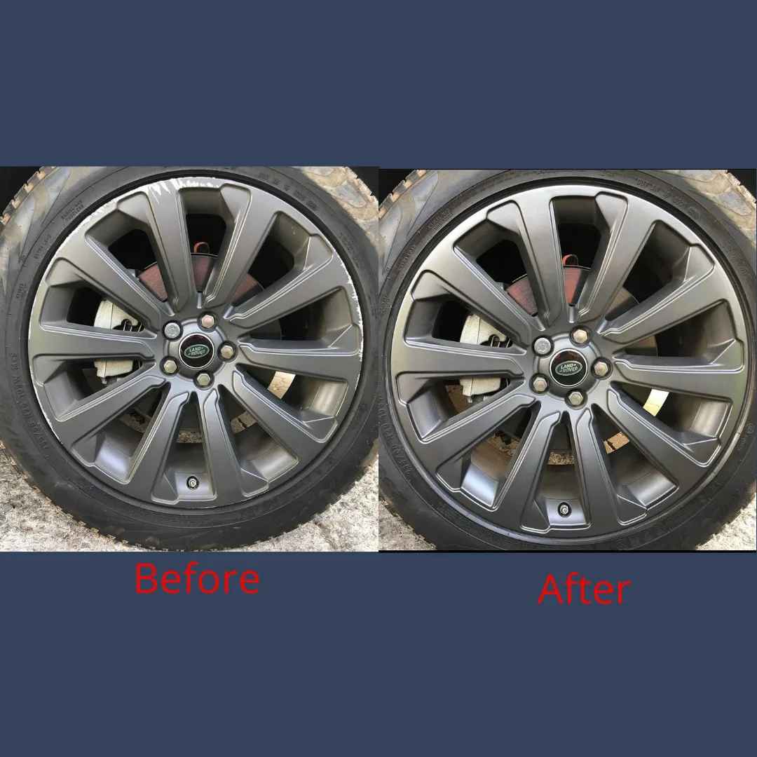 Before-and-after of curb damage repaired on a charcoal grey Land Rover wheel