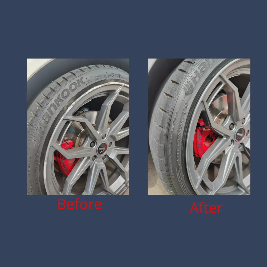Before-and-after of curb rash repaired on a grey wheel with red brake calipers