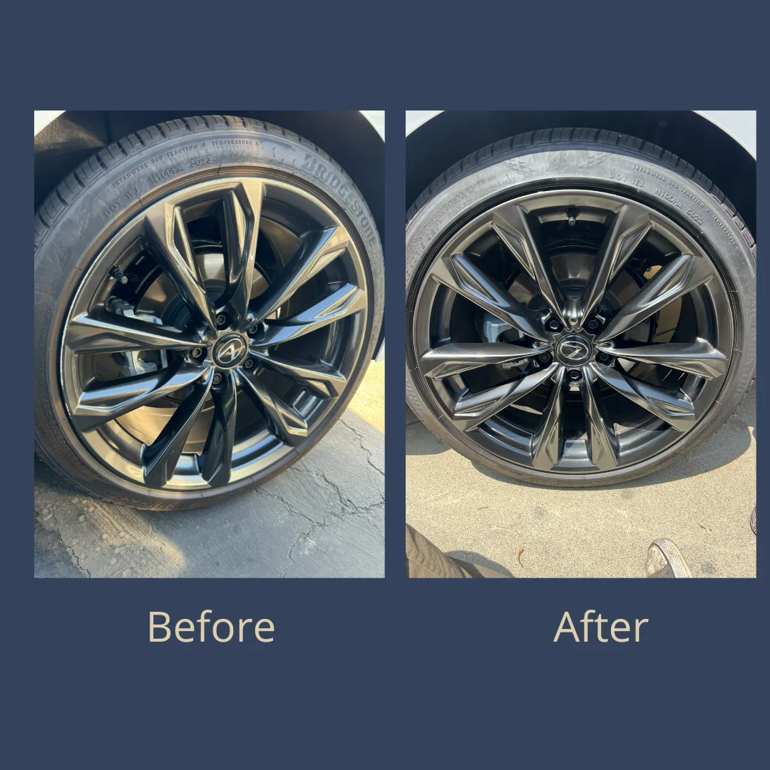Before-and-after of discolored clear coat restored on a gloss black alloy wheel