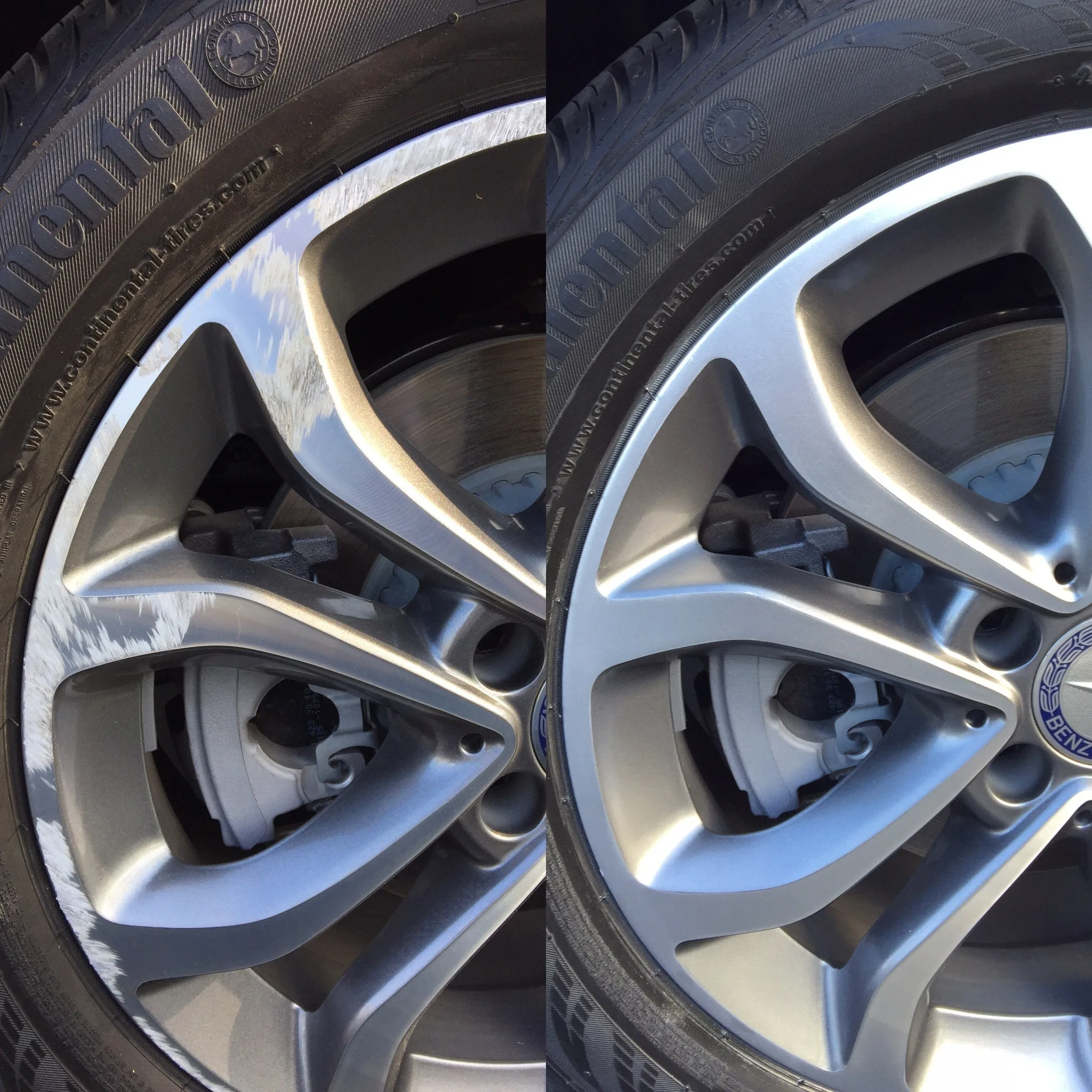 Before-and-after of heavy curb scuffing repaired on a silver Mercedes-Benz wheel