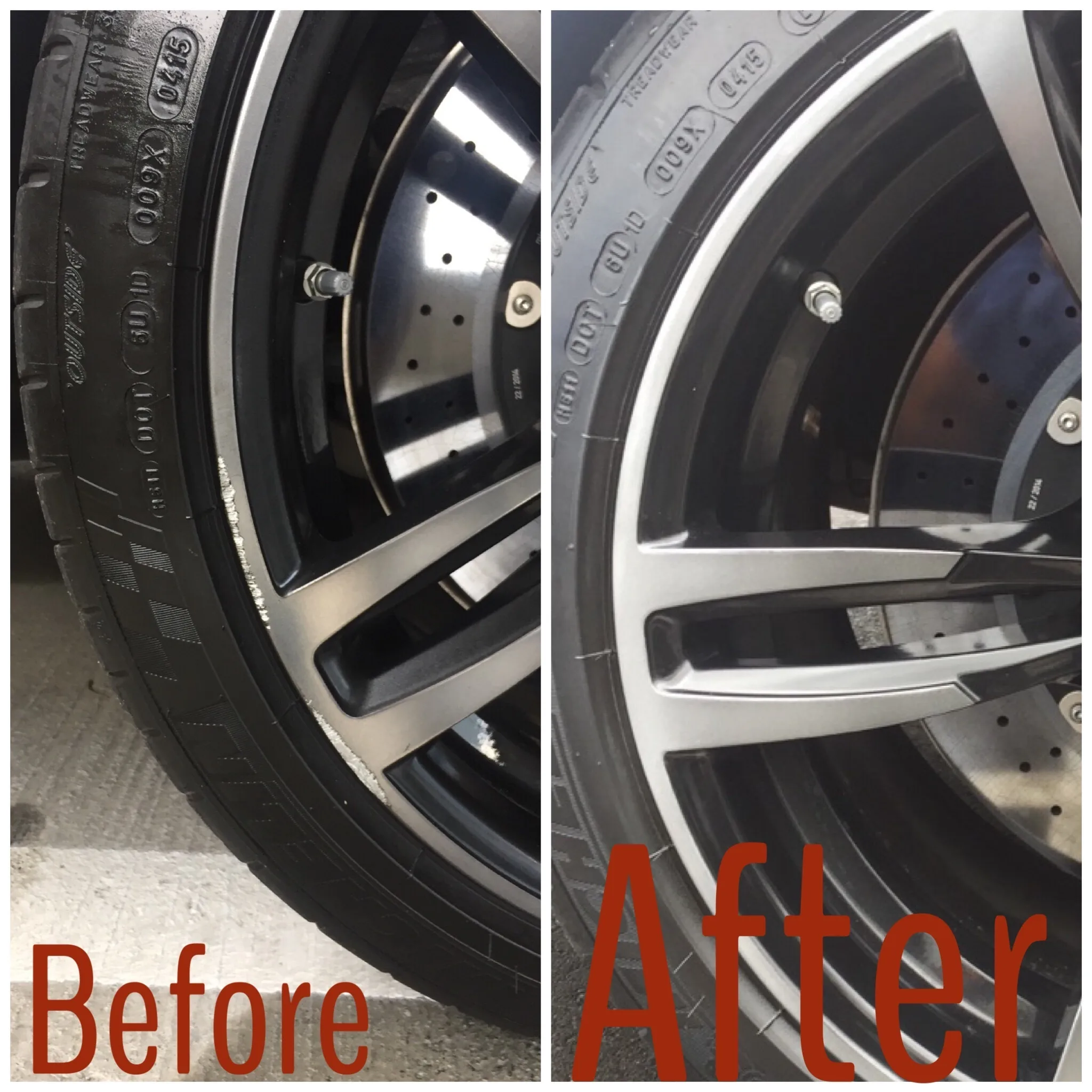 Before-and-after of curb rash repaired on a two-tone machined-face wheel