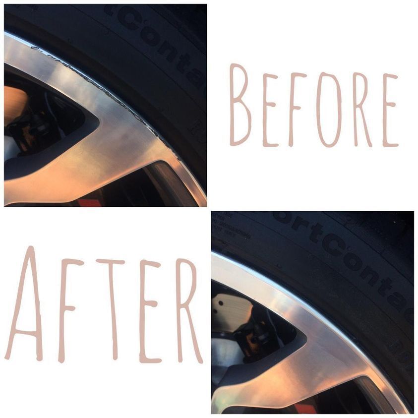 Before-and-after of a scuffed polished wheel lip restored to a mirror finish