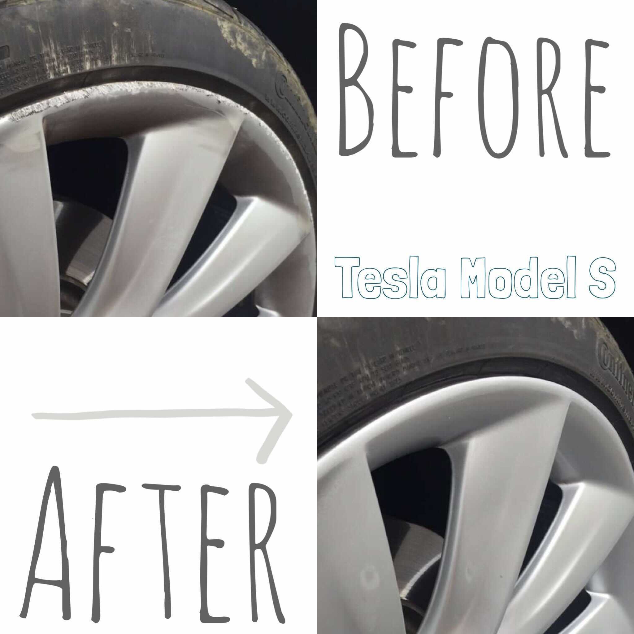 Before-and-after of a deep gouge repaired on a Tesla Model S wheel