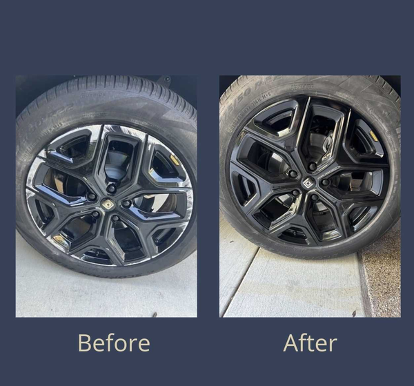 Before and after labels over a repaired gloss black diamond-cut alloy wheel