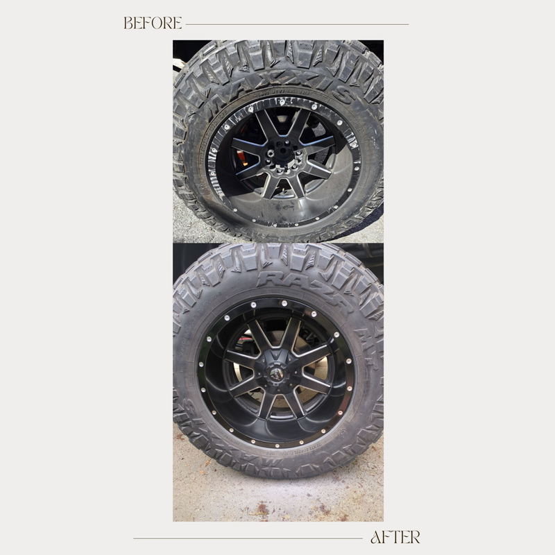Before-and-after of a refinished black milled off-road truck wheel